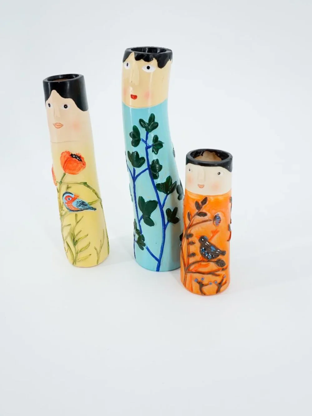 Set of 3 Hand Painted Ceramic Face Cylinder Vases, Women Floral Bird Decor